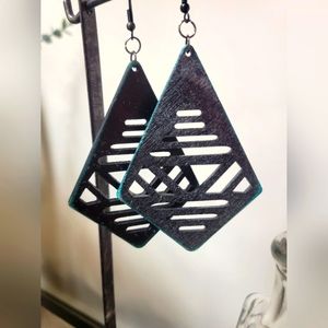Oversized lightweight black blue wood dangle earrings.